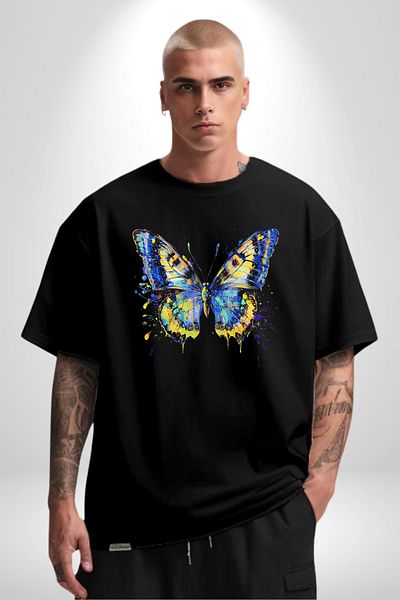 Angemiel Colorful Butterfly Floral Energy Black Oversize Women's Men's Front Printed T-Shirt