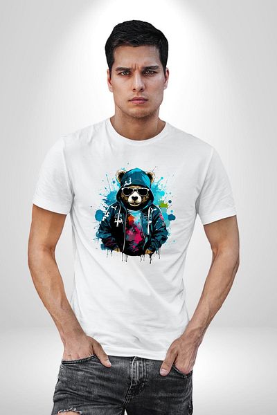 Angemiel Style Owner Bear Graffiti Hooded Cool Bear White Oversize Women's Men's Front Printed T-Shirt
