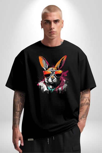 Angemiel Rebellious Rabbit with Sunglasses Black Oversize Women's Men's Front Printed T-Shirt