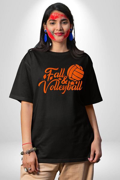 Angemiel Autumn Volleyball Orange Volleyball Ball Black Oversize Women Men Front Printed T-Shirt