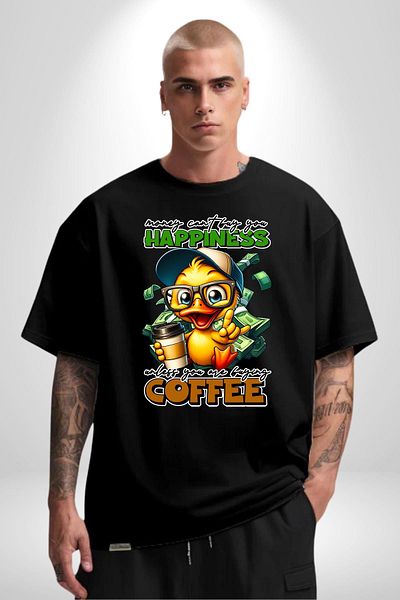 Angemiel Coffee for Happiness Black Oversize Women's Men's Front Printed T-Shirt