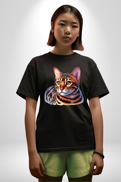 Angemiel Bengal Cat Black Oversize Women's Men's Front Printed T-Shirt