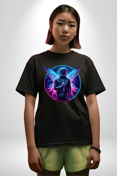 Angemiel Rapper with Microphone Hip Hop Blue-Pink Wings Black Oversize Women Men Front Printed T-Shirt