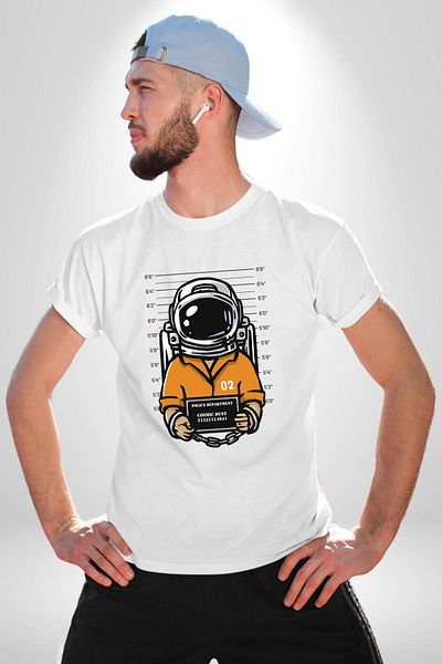 Angemiel تي شيرت مطبوع من الأمام لرائد الفضاء من Space Police باللون الأبيض للنساء والرجال