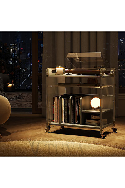 TUVA REKLAM Tuva – Tekerlekli Şeffaf Pleksi Siyah Ahşap Sehpa Şifonyer Komodi...