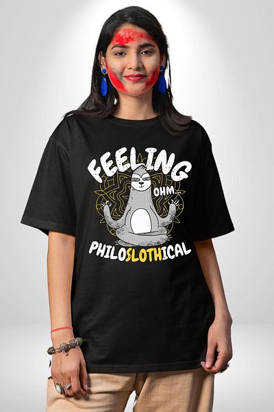 Angemiel Meditating Sloth Yoga Black Oversize Women's Men's Front Printed T-Shirt