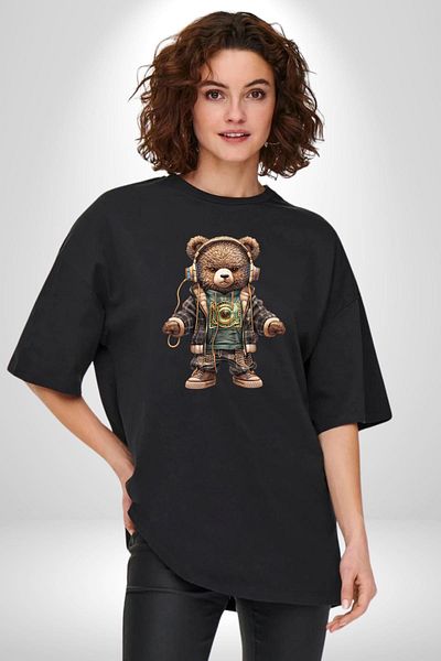 Angemiel Headphones New Generation Music Listening Teddy Black Oversize Women Men's Front Printed T-Shirt