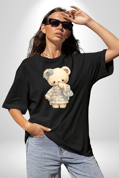 Angemiel Blue Square Patterned Teddy Bear Kawaii Style Black Oversize Women's Men's Front Printed T-Shirt
