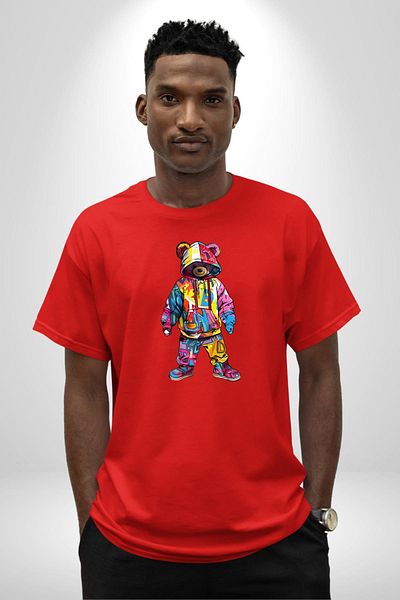 Angemiel Color Splash Urban Vibes Teddy Red Oversize Women's Men's Front Printed T-Shirt