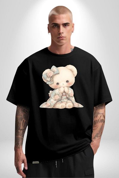 Angemiel Nostalgic Cute Teddy Bear in Pastel Tones Black Oversize Women's Men's Front Printed T-Shirt