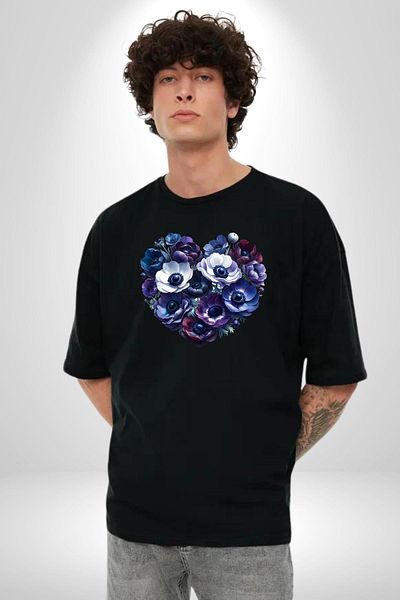 Angemiel Anemone Flower Blue and Purple Heart Flower Patterned Black Oversize Women's Men's Front Printed T-Shirt