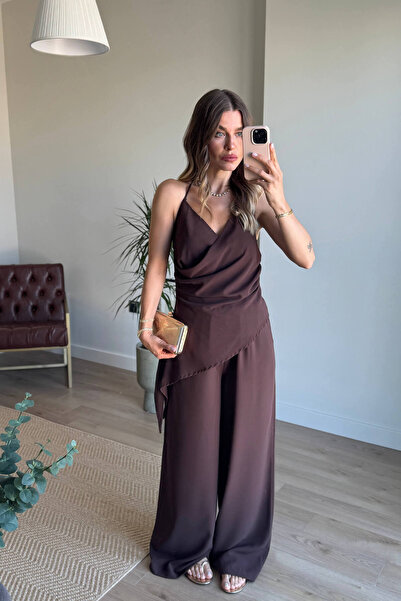Sue Store Σετ παντελόνι με ασύμμετρη μπλούζα Bitter Brown Halter