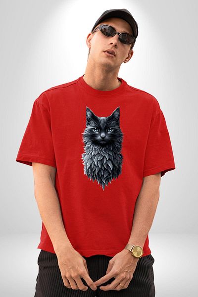 Angemiel Gothic Spirited Nature and Cat Red Oversize Women's Men's Front Printed T-Shirt