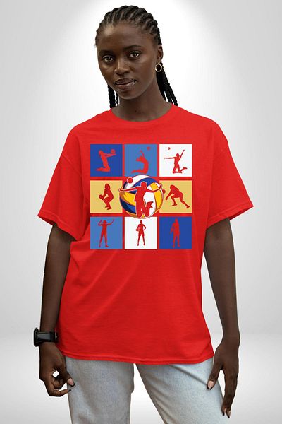 Angemiel Volleyball Silhouette Collage Patterned Red Oversize Women's Men's Pre-Printed T-Shirt