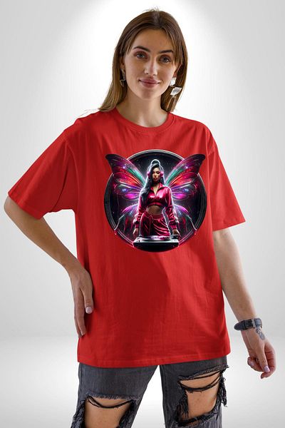 Angemiel Dj Butterfly New Generation Special Design Red Oversize Women's Men's Front Printed T-Shirt