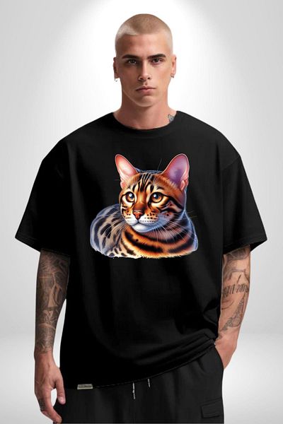 Angemiel Bengal Cat Black Oversize Women's Men's Front Printed T-Shirt