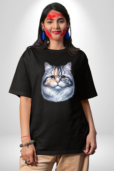 Angemiel Persian Cat Special Design Black Oversize Women's Men's Front Printed T-Shirt