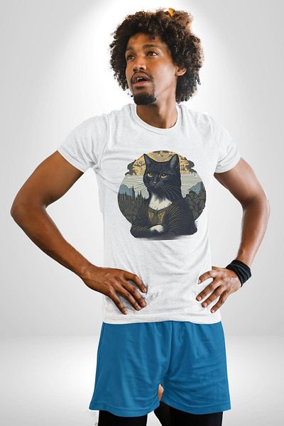 Angemiel Mona Lisa Imitation Cat Design White Oversize Women's Men's Front Printed T-Shirt