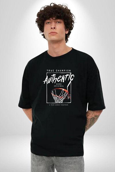 Angemiel Real Champion Basketball Sports and Motivation Black Oversize Women's Men's Front Printed T-Shirt