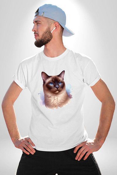 Angemiel Siamese Cat White Oversize Women's Men's Front Printed T-Shirt