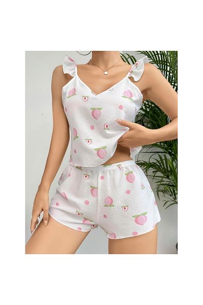 MİRALİVE Cotton White Floral Pattern Ruffle Strap Shorts Pajama Set