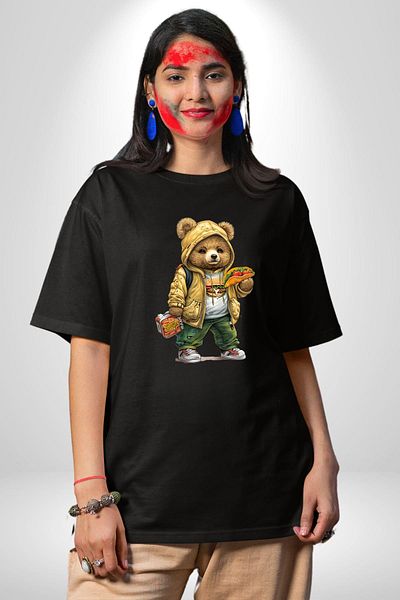 Angemiel Taco and Burger Fast Food Themed Teddy Bear Black Oversize Women's Men's Front Printed T-Shirt