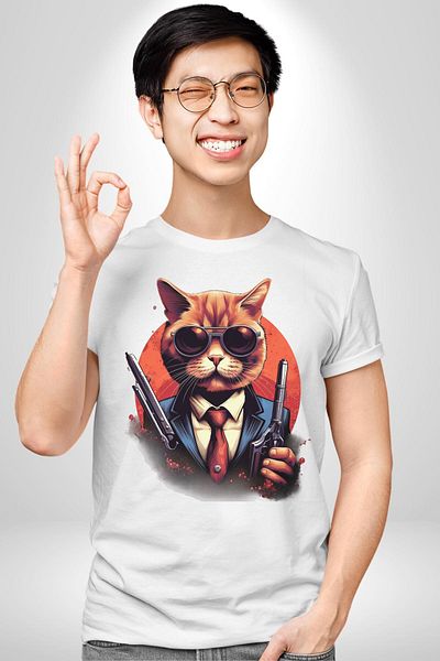 Angemiel Mafia Style Glasses  Cat White Oversize Women's Men's Front Printed T-Shirt