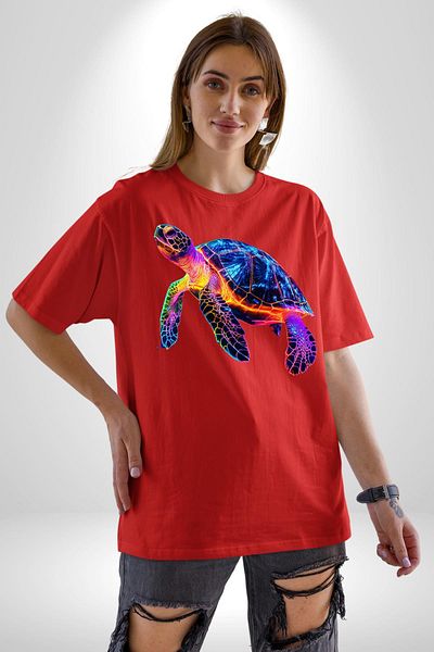 Angemiel Neon Turtle Red Oversize Women's Men's Front Printed T-Shirt