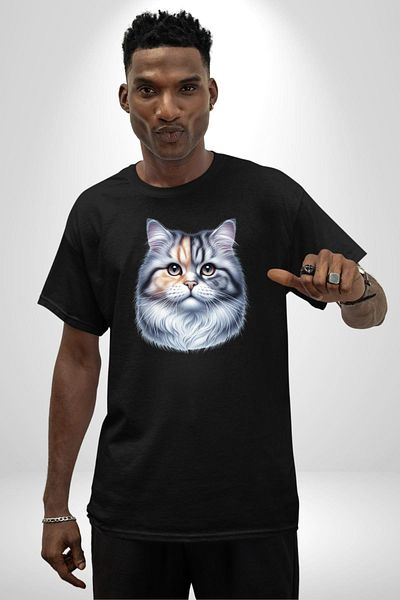 Angemiel Persian Cat Special Design Black Oversize Women's Men's Front Printed T-Shirt