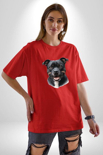Angemiel Staffordshire Bull Terrier Dog Design Red Oversize Women's Men's Front Printed T-Shirt