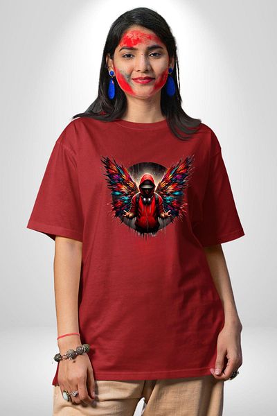 Angemiel Hip Hop Style Red Hooded Winged Men's Red Oversize Women's Men's Front Printed T-Shirt