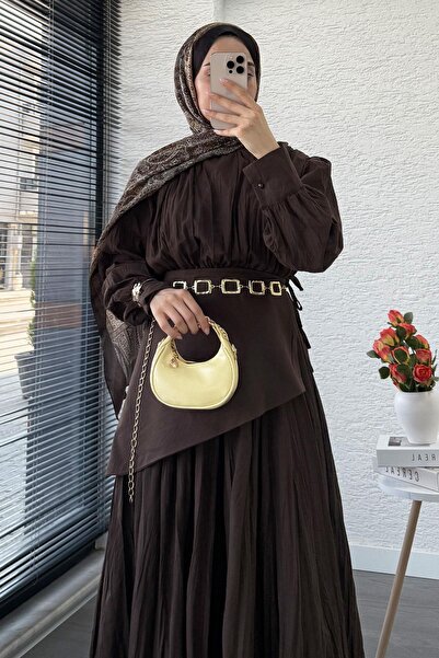 MELEK ARAZ Φόρεμα Voile Crush με ζώνη κάπας - Καφέ