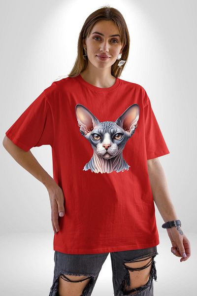 Angemiel Sphinx Cat with Mysterious Expression Red Oversize Women's Men's Front Printed T-Shirt