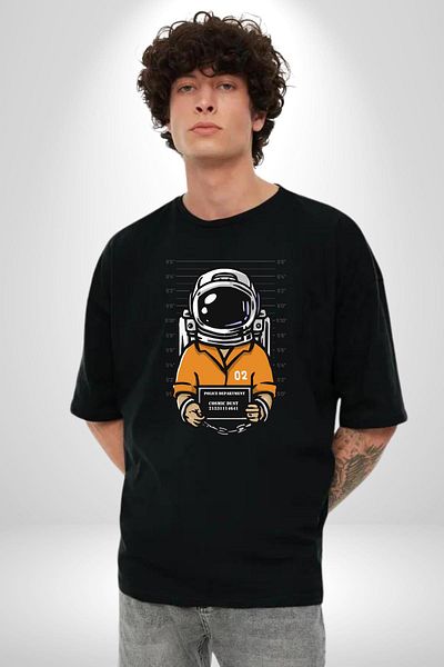 Angemiel Space Police Astronaut Black Oversize Women's Men's Front Printed T-Shirt