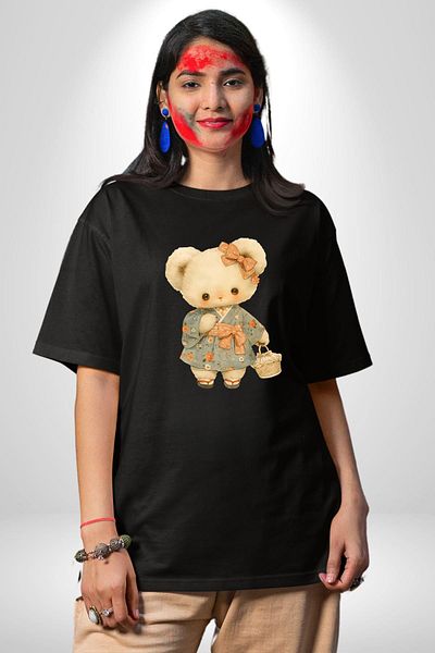 Angemiel Cute Flower Patterned Teddy Bear Black Oversize Women's Men's Front Printed T-Shirt