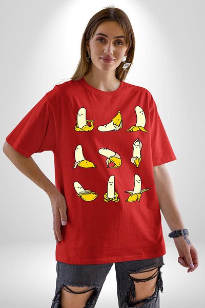 Angemiel Zen Bananas Banana Yoga Seris Yoga Peel Red Oversize Women Men Front Printed T-Shirt