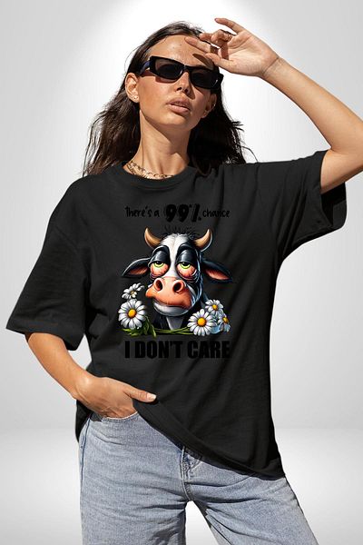 Angemiel Cow Sleeping Cow for Relaxing Funny Design Black Oversize Women Men Front Printed T-Shirt