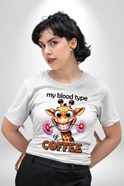 Angemiel تي شيرت Coffee Passion Love Giraffe Flower أبيض كبير الحجم للنساء والرجال مطبوع من الأمام