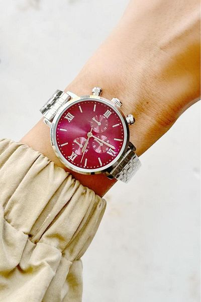 OQQO Massa Gray Cord Claret Red Dial Women's Wristwatch