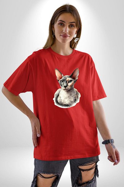Angemiel Sphinx Cat Special Design Red Oversize Women's Men's Front Printed T-Shirt