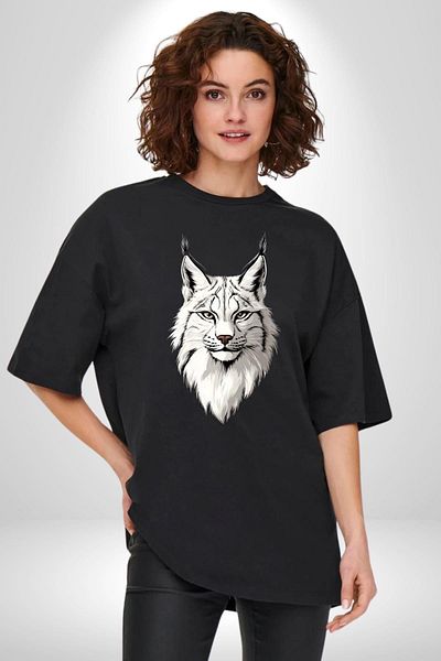 Angemiel Special for Nature and Animal Lovers Vaşak Black Oversize Women's Men's Front Printed T-Shirt