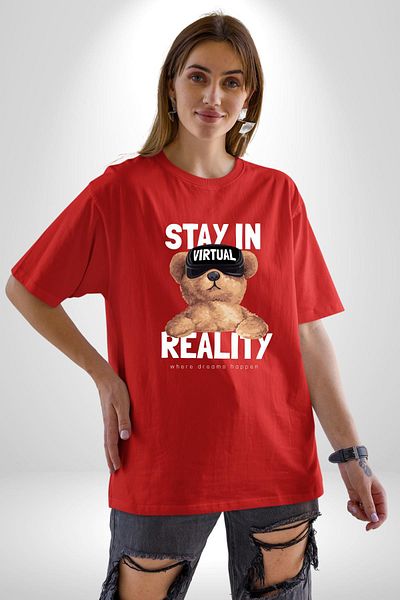 Angemiel Virtual Reality Bear Realizing Dreams Red Oversize Women's Men's Front Printed T-Shirt