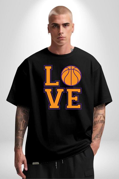 Angemiel Love Black Oversize Women Men Front Printed T-Shirt for Basketball Lovers