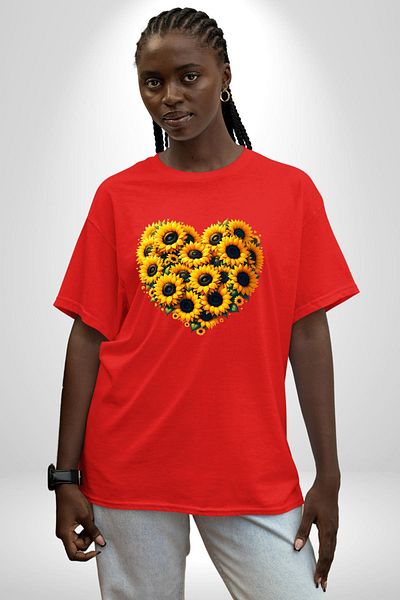 Angemiel Special Design Heart Spring Red Oversize Women's Men's Front Printed T-Shirt with Sunflower