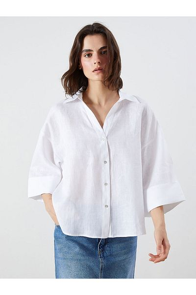 LC Waikiki Blue Oversize 100% Linen Women's Shirt
