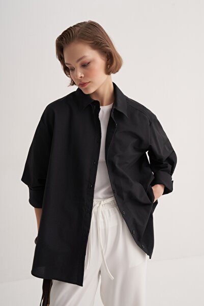 EBU Prive Women's Poplin Oversize Robe Shirt Black