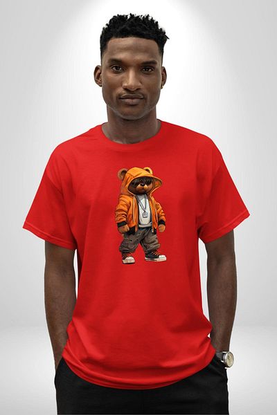 Angemiel Hip Hop Orange Hooded Urban Style Teddy Bear Red Oversize Women's Men's Front Printed T-Shirt