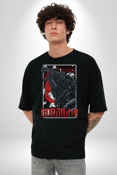 Angemiel Team Godzilla Anime Legendary Monster Anime Black Oversize Women Men Front Printed T-Shirt