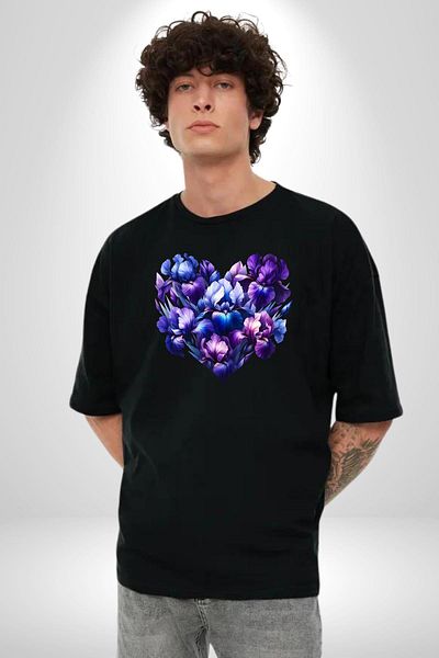 Angemiel Iris Flower Purple White Shades Elegance Black Oversize Women's Men's Front Printed T-Shirt