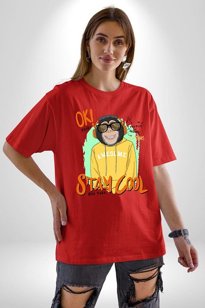 Angemiel Stay Cool Fun Monkey Graphic Red Oversize Women's Men's Front Printed T-Shirt